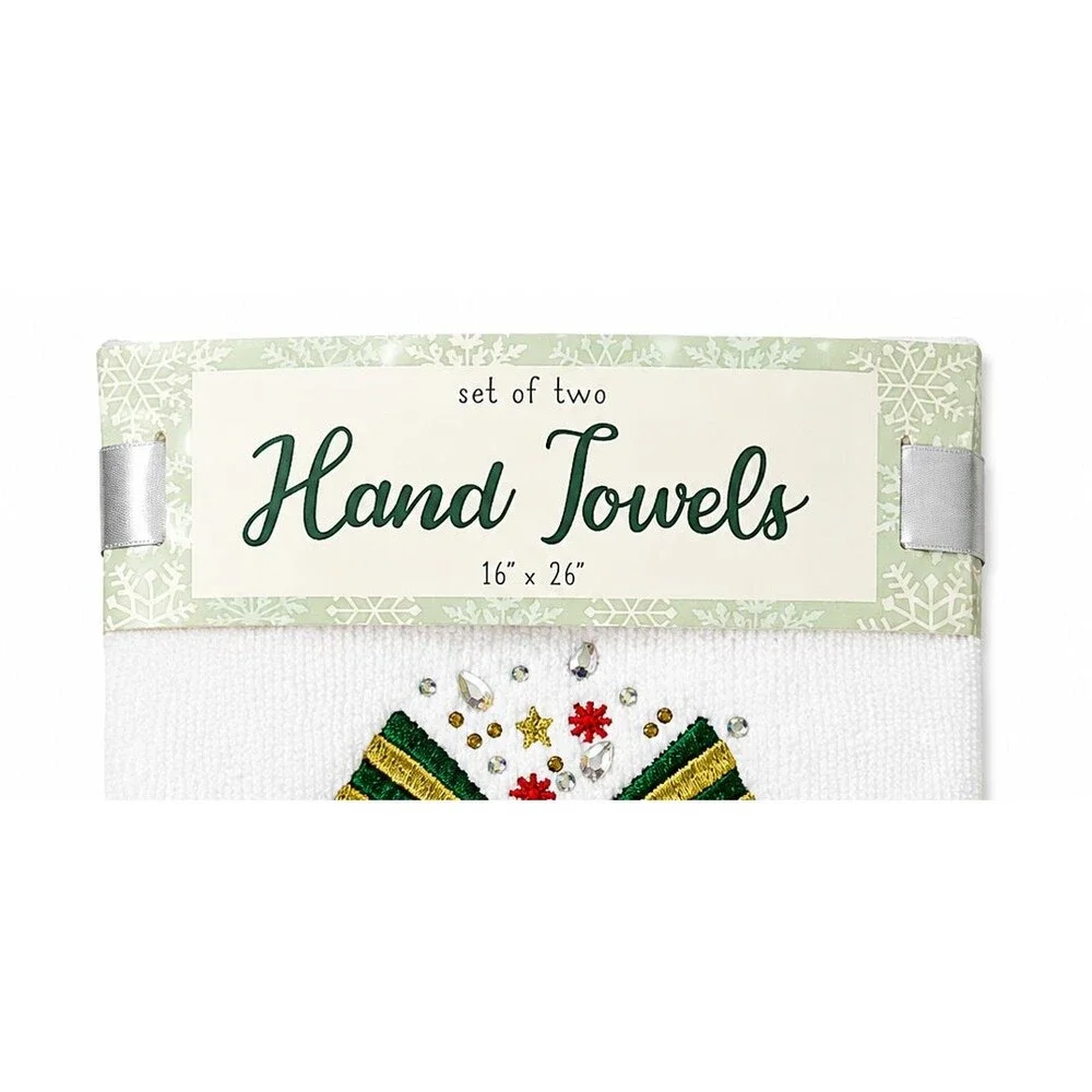 Christmas Present Hand Towels Set of 2 White Embroidered Rhinestone Holiday